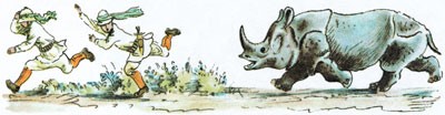 Люди убегают от носорога