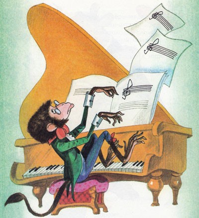 Обезьяна играет на фортепьяно