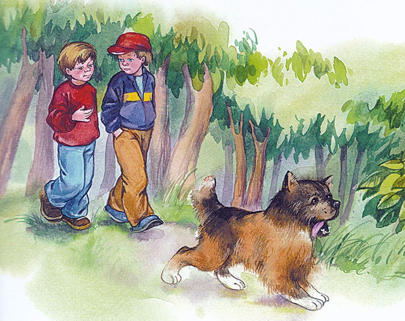 Мальчики гуляют с собакой
