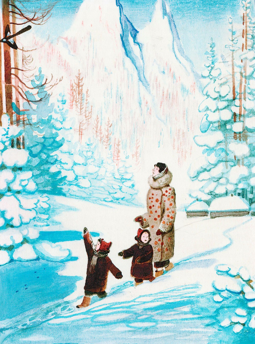 Чук и Гек гуляют с мамом по зимней тайге